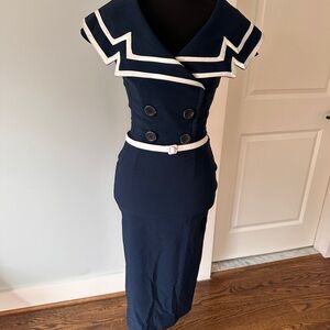 Bettie Page Navy Midi Dress with White Accents